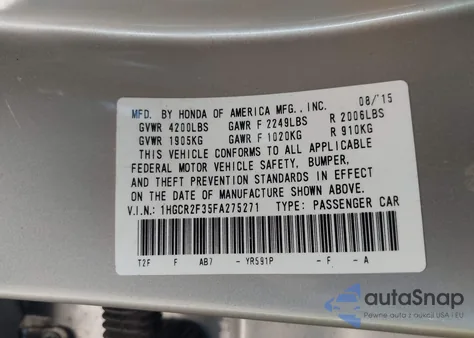 2015 Honda Accord Lx z USA, uszkodzony, nr VIN 1HGCR2F35FA275271